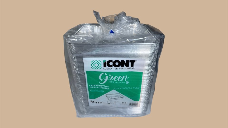 CONTENITORI IN ALLUMINIO 226x176x36mm, 10 CONFEZIONI DA 100 PZ cuki 4 porzioni