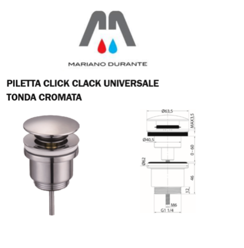 PILETTA CLICK CLACK UNIVERSALE TONDA CROMATA 1"1/4 X LAVABO BIDET BAGNO TECOM PCU 1"1/4