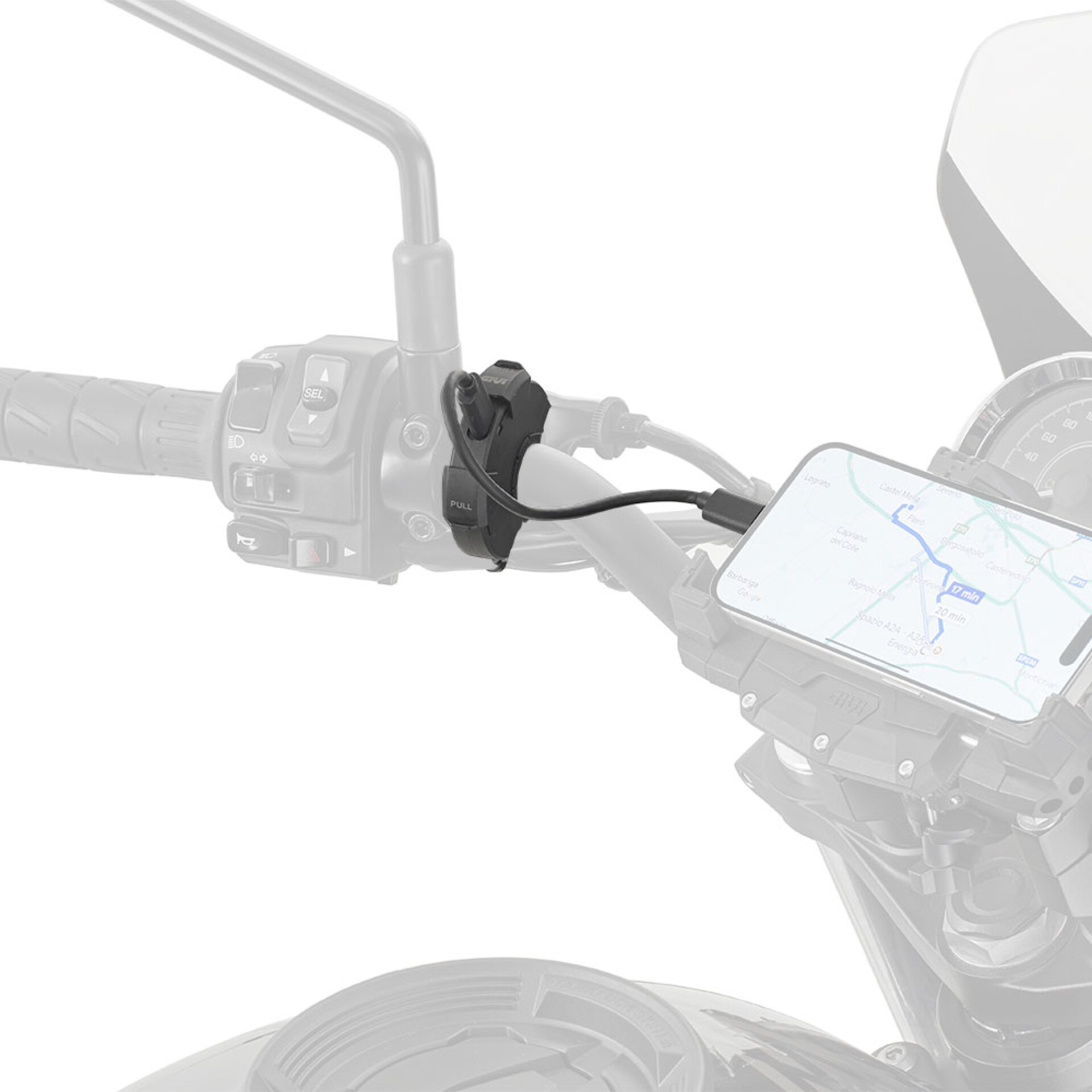 Presa elettrica USB e USB-C da manubrio per moto GIVI Presa elettrica USB e USB-C da manubrio, comprensiva di cablaggio con fusibile per il collegamento alla batteria della moto