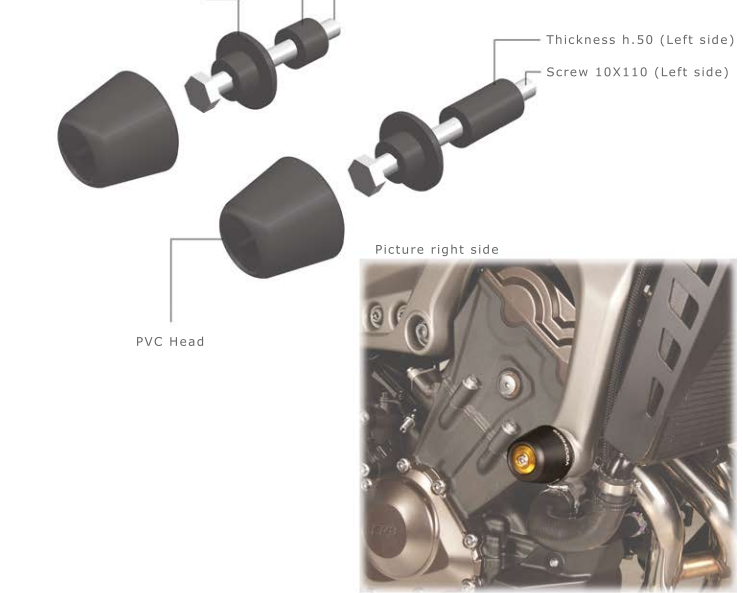 Kit Tamponi Paratelaio Yamaha XSR 900 2015/19 Barracuda PVC nero  distanziali in alluminio anodizzato