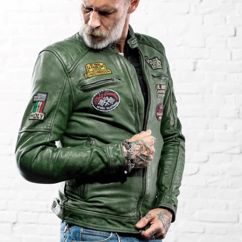 Giubbotto in pelle  moto con protezioni HOLYFREEDOM JACKET ZERO MILITARY GREEN EVOLUTION