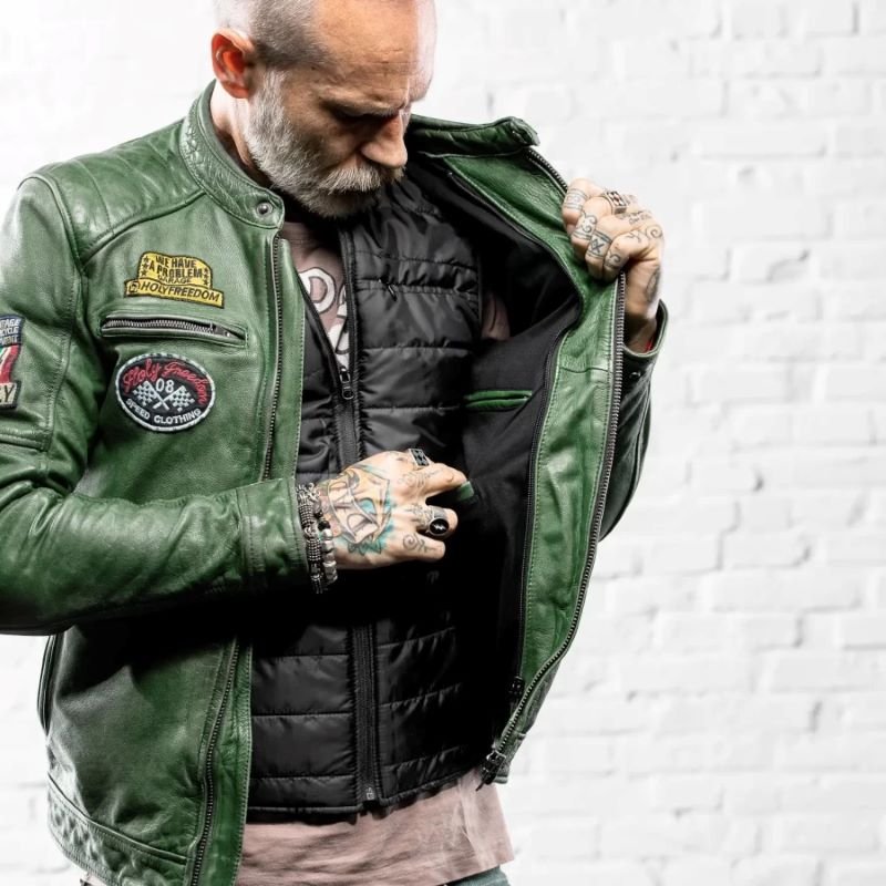 Giubbotto in pelle  moto con protezioni HOLYFREEDOM JACKET ZERO MILITARY GREEN EVOLUTION