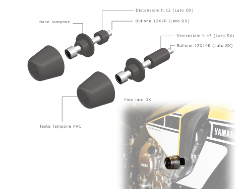 Kit Tamponi Paratelaio Yamaha  MT 10 Barracuda PVC nero  distanziali in alluminio anodizzato