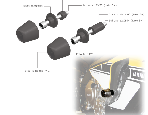 Kit Tamponi Paratelaio Yamaha R1 2015 - 2019 Barracuda PVC nero  distanziali in alluminio anodizzato