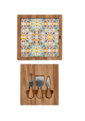 TAGLIERE FORMAGGI MEDICEA ACACIA/VETRO CON COFANETTO COLTELLI ACACIA/INOX Brandani Medicea Collection