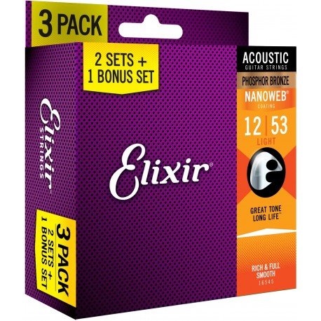 ELIXIR 16545 NANOWEB 16052 ACUSTICA 12-53 PACK DA TRE