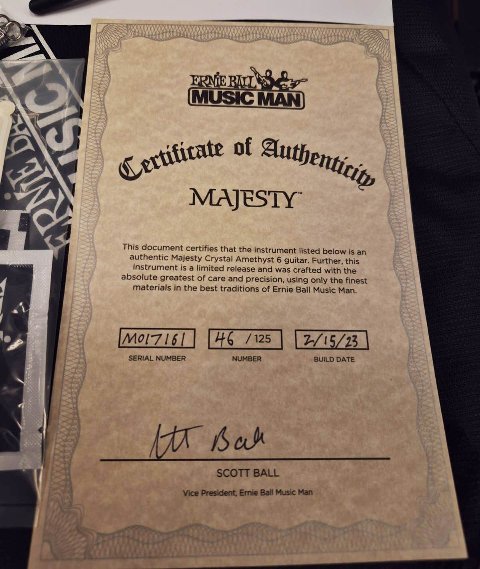 Music Man Majesty Crystal Amethyst Limited Edition 2023 N.46/125 Petrucci Signature Flame Maple Top