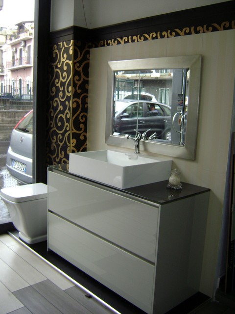 B-room mobile bagno tortora c/top cristallo e lavabo appoggio