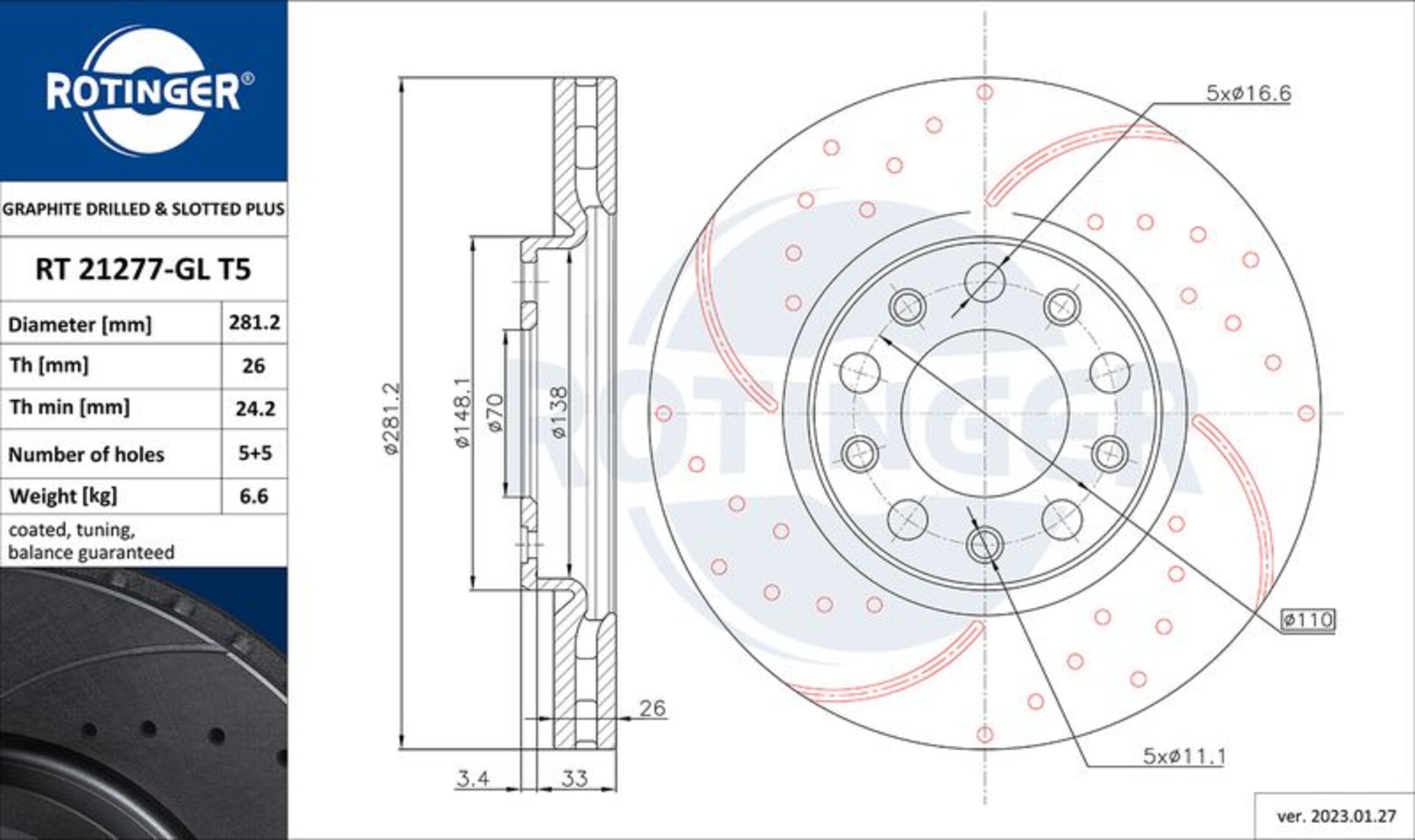 KIT  DISCHI FRENO FORATI E BAFFATI ROTINGER T5 + PASTIGLIE FRENO ATE Anteriori ALFA ROMEO GIULIETTA