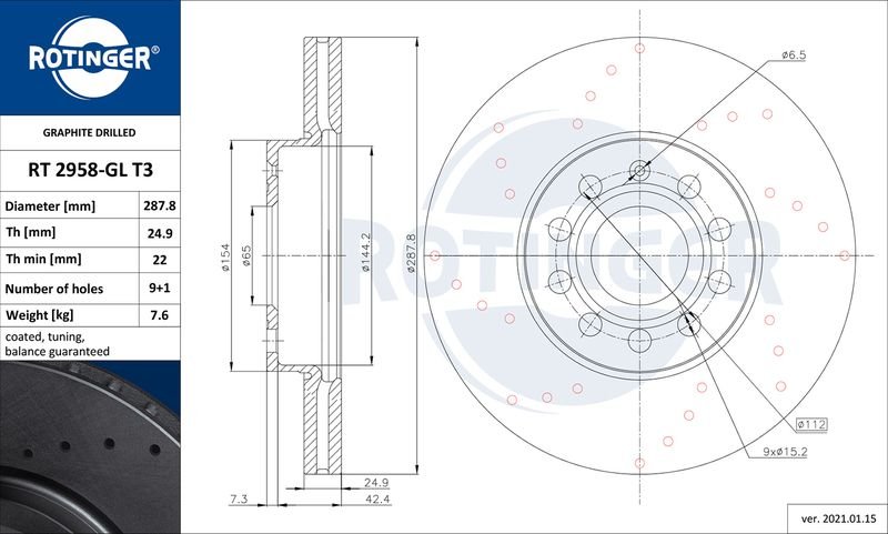 DISCHI FRENO FORATI ANTERIORI  ROTINGER T3 Volkswagen - Audi GOLF VI - VII - A3 - A3 SPORTBACK