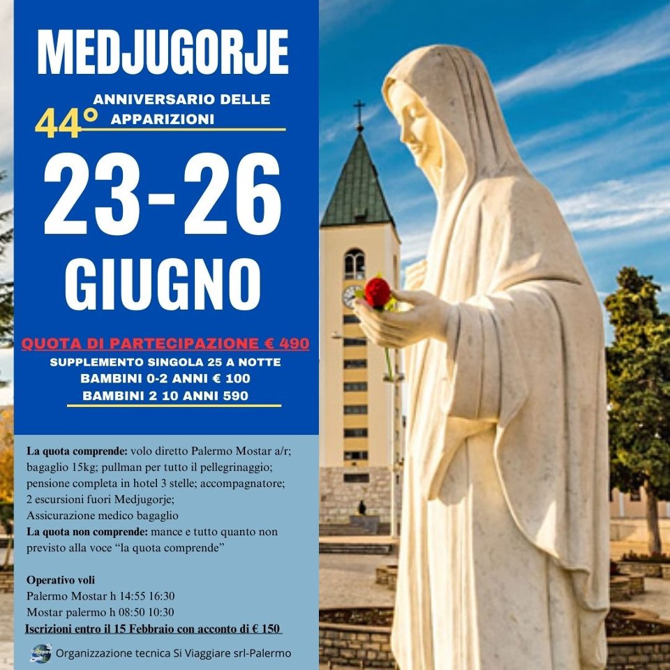 MEDJUGORJE 2025 VOLO DIRETTO DA PALERMO