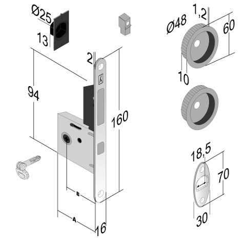 Kit TQC.8 serratura per porta scorrevole mod. EASY quadrato con chiave a snodo Cromo satinato BONAITI TQC.8 Cromo satinato