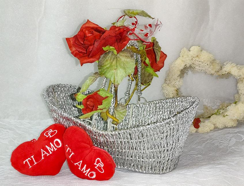 Cesto Argento rose rosse  - Sconti per Fioristi e Aziende - cm.31x17 H 2 c/manici1