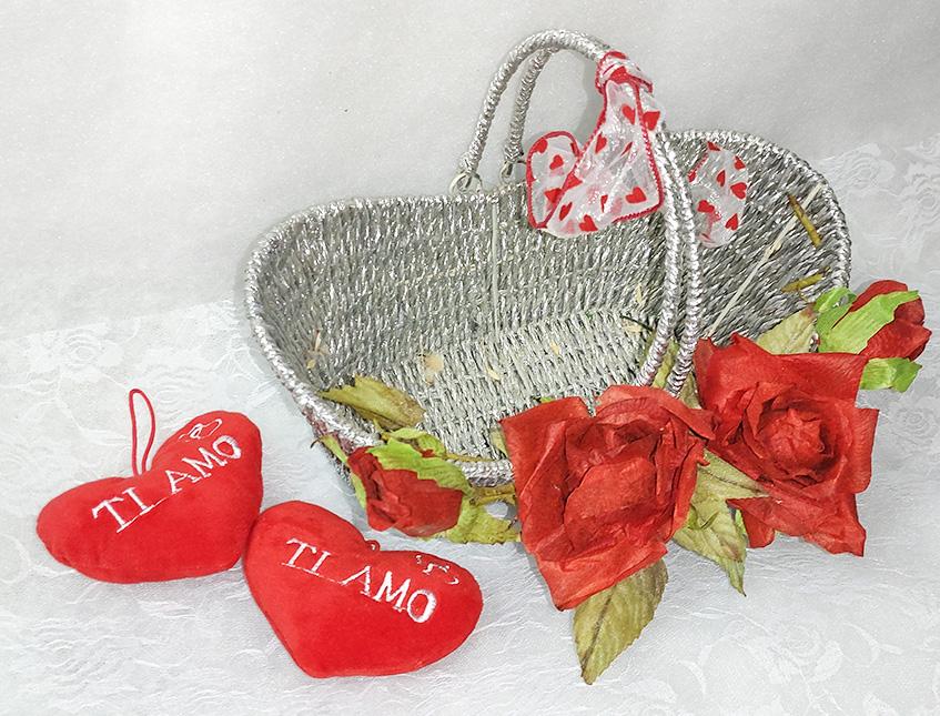 Cesto Argento rose rosse  - Sconti per Fioristi e Aziende - cm.31x17 H 2 c/manici1