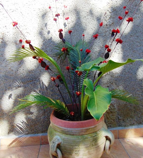 Ramo Blossom Rosso H 120 con foglie skelet - Sconti per Fioristi e Aziende .