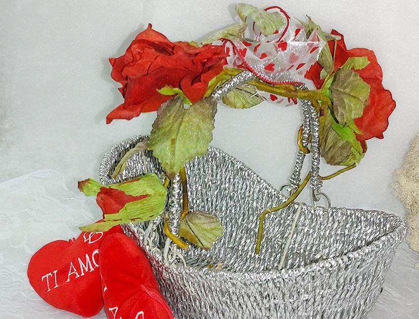 Cesto Argento rose rosse  - Sconti per Fioristi e Aziende - cm.31x17 H 2 c/manici1