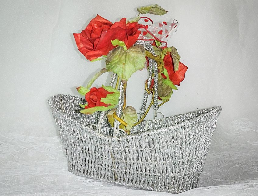 Cesto Argento rose rosse  - Sconti per Fioristi e Aziende - cm.31x17 H 2 c/manici1
