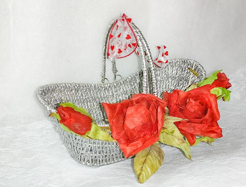 Cesto Argento rose rosse  - Sconti per Fioristi e Aziende - cm.31x17 H 2 c/manici1