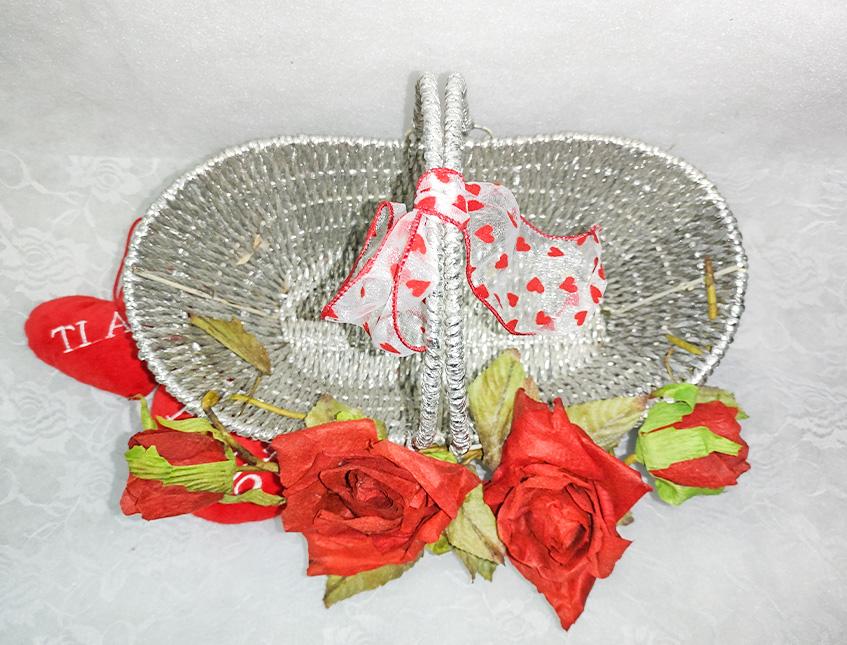 Cesto Argento rose rosse  - Sconti per Fioristi e Aziende - cm.31x17 H 2 c/manici1
