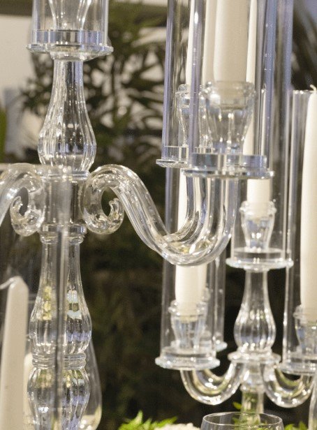 Candelabro in vetro a 5 fuochi - Sconti per Fioristi e Aziende . - H 120 con parafiamma