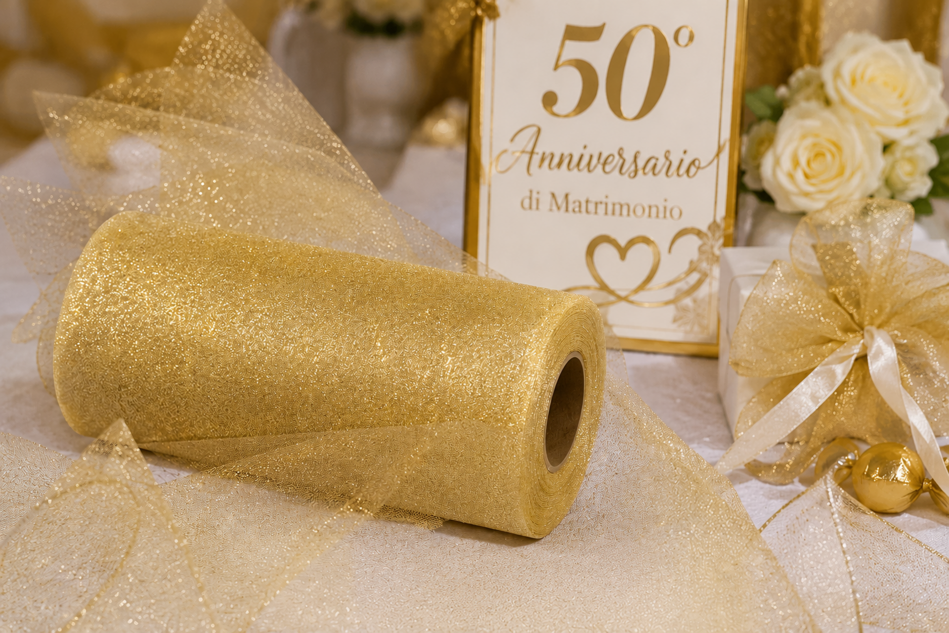 Tulle Glitterato H 12,5 x 50 mt - Sconti per Fioristi e Aziende - Solo Oro e Argento