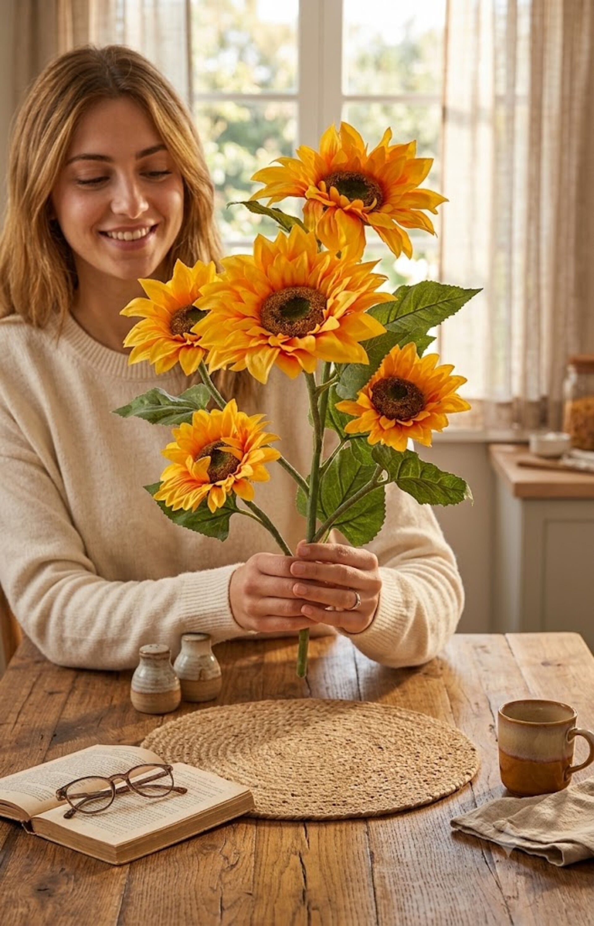 Girasole Artificiale x 5 H 160 Large Stem - Sconti per Fioristi e Aziende .