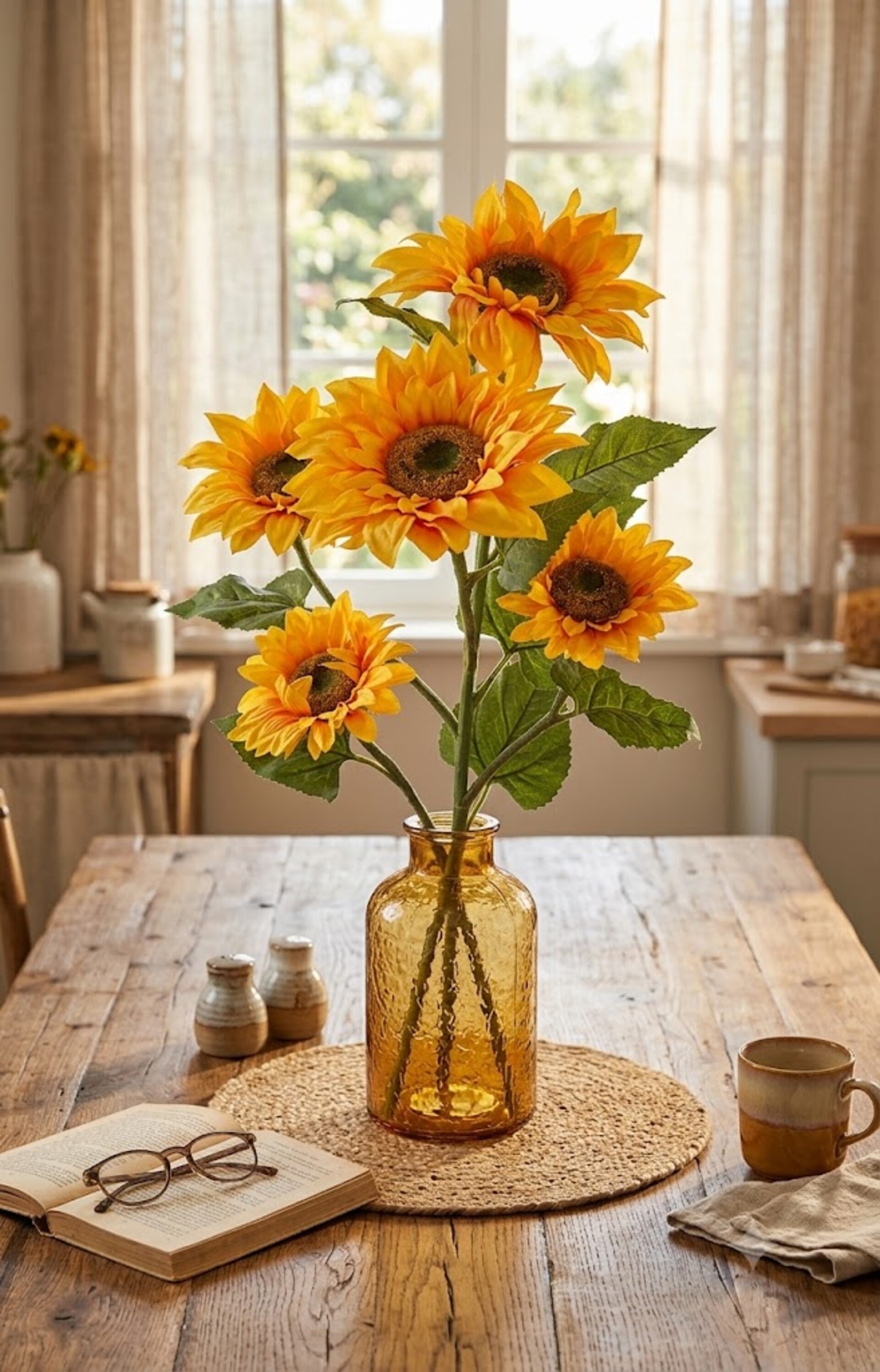 Girasole Artificiale x 5 H 160 Large Stem - Sconti per Fioristi e Aziende .