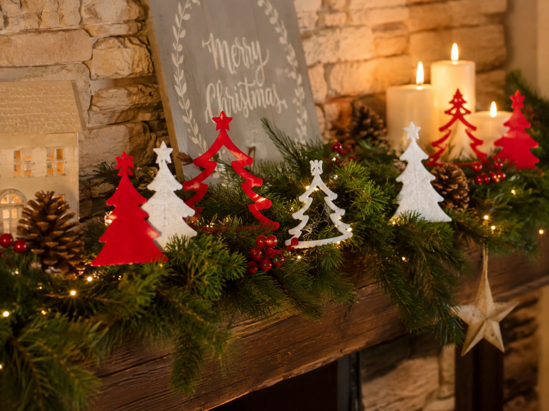 Albero di natale in feltro  - Sconti per Fioristi e Aziende - bianco e rosso H 13,5 set x 5