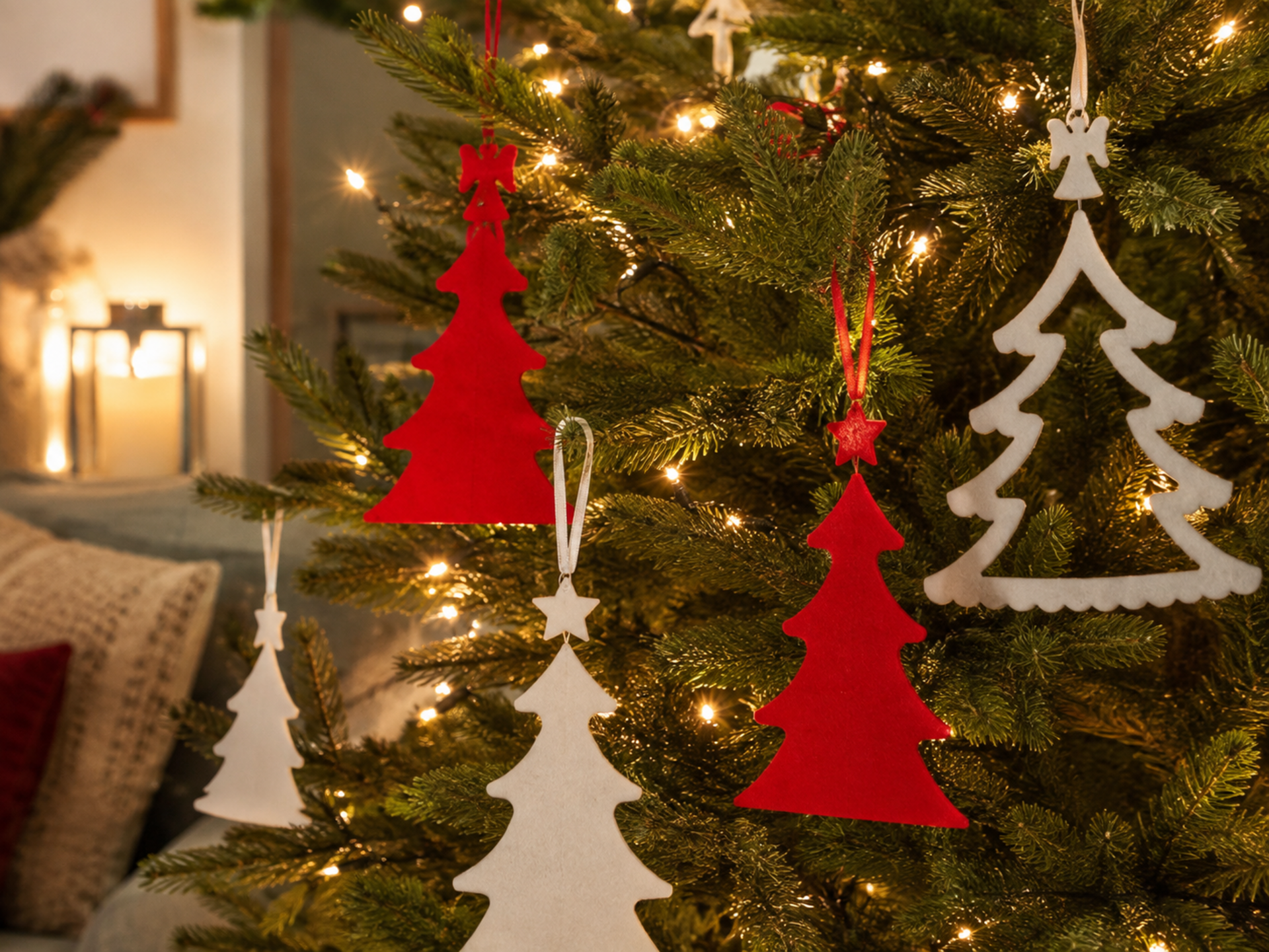 Albero di natale in feltro  - Sconti per Fioristi e Aziende - bianco e rosso H 13,5 set x 5