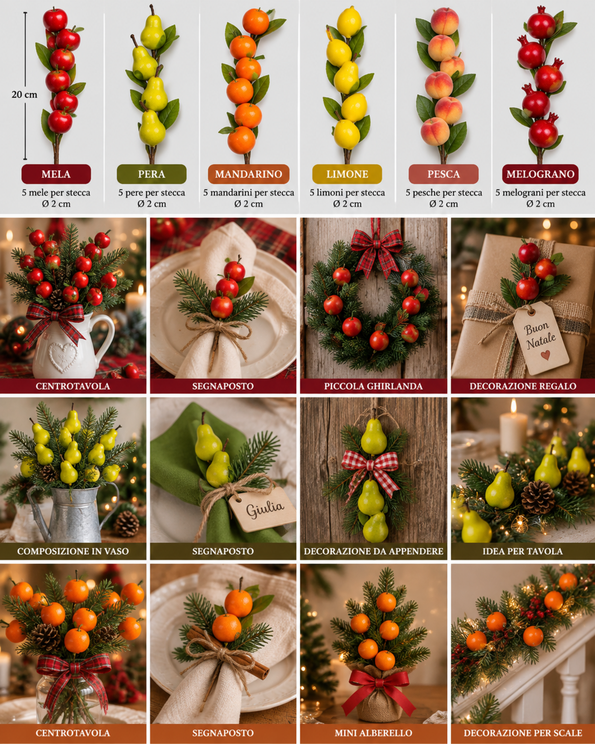 Pick frutti x 6 in Busta assortita - Sconti per Fioristi e Aziende - 5 frutti + 5 foglie