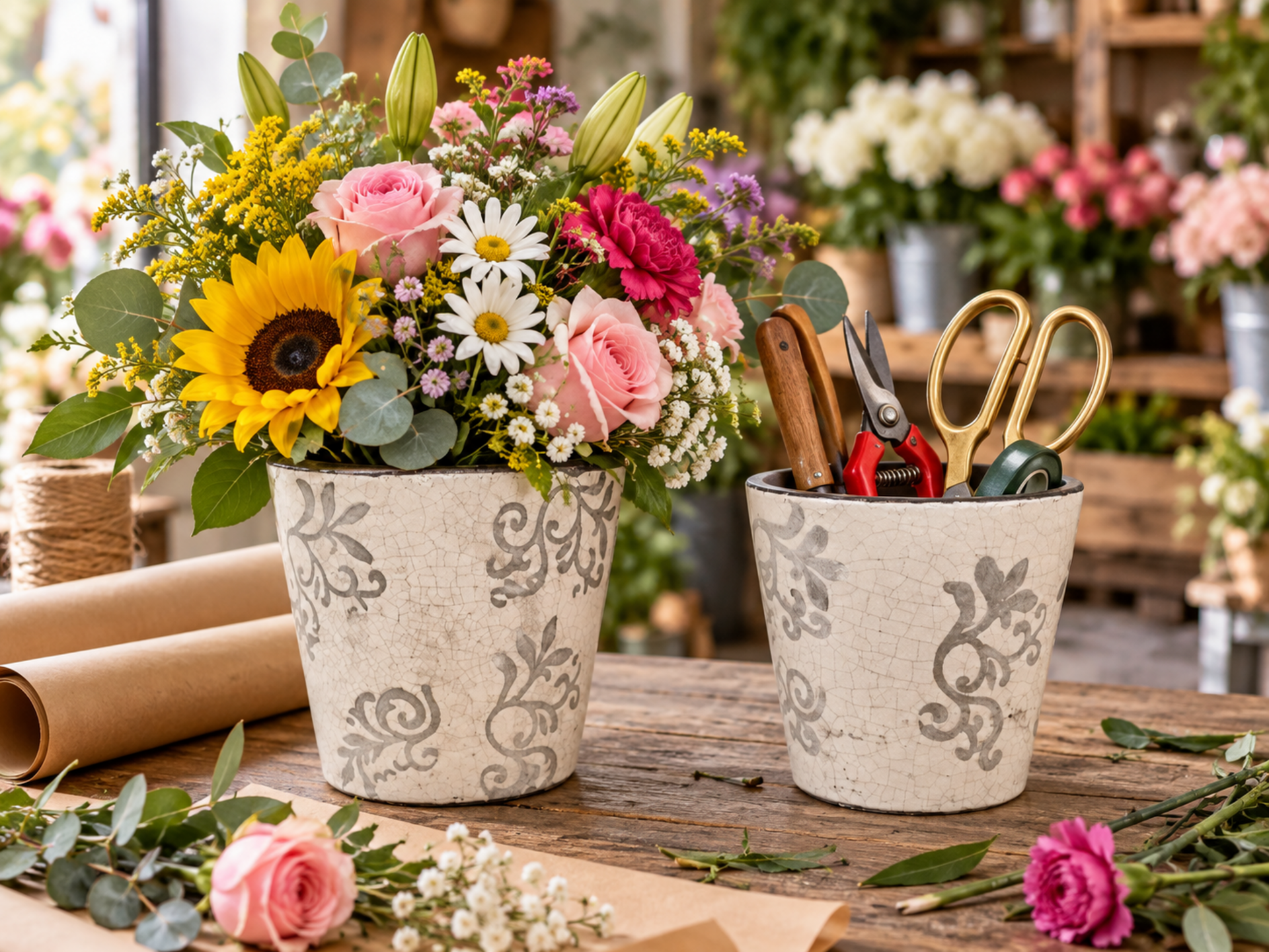 Set Vasi Decorati x 2 in ceramica  - Sconto per Fioristi e Aziende - Misure. 13x14 e 15x16