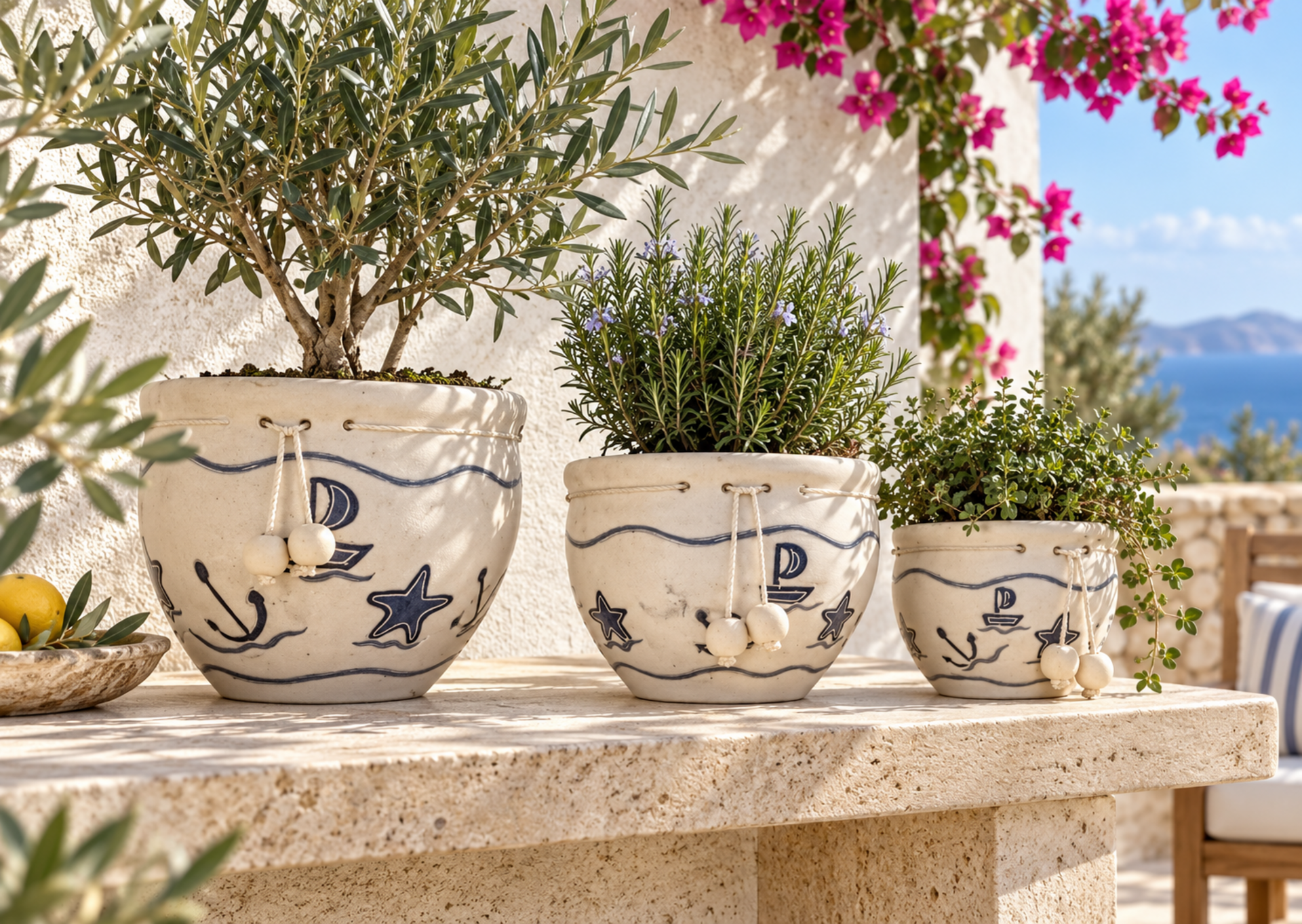 Cachepot x 3 Decoro Mare  - Sconti per Fioristi e Aziende - H 30 dm. 35 con pendenti