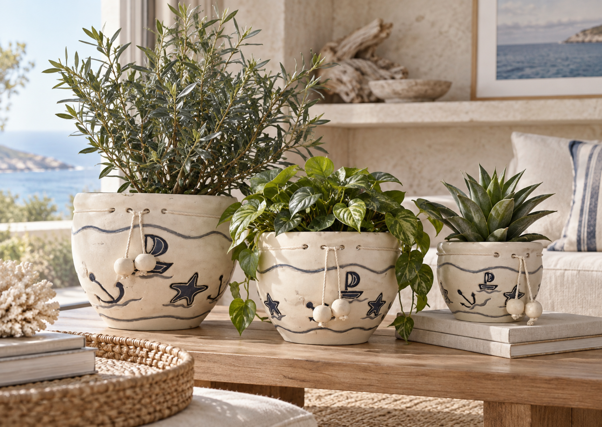 Cachepot x 3 Decoro Mare  - Sconti per Fioristi e Aziende - H 30 dm. 35 con pendenti