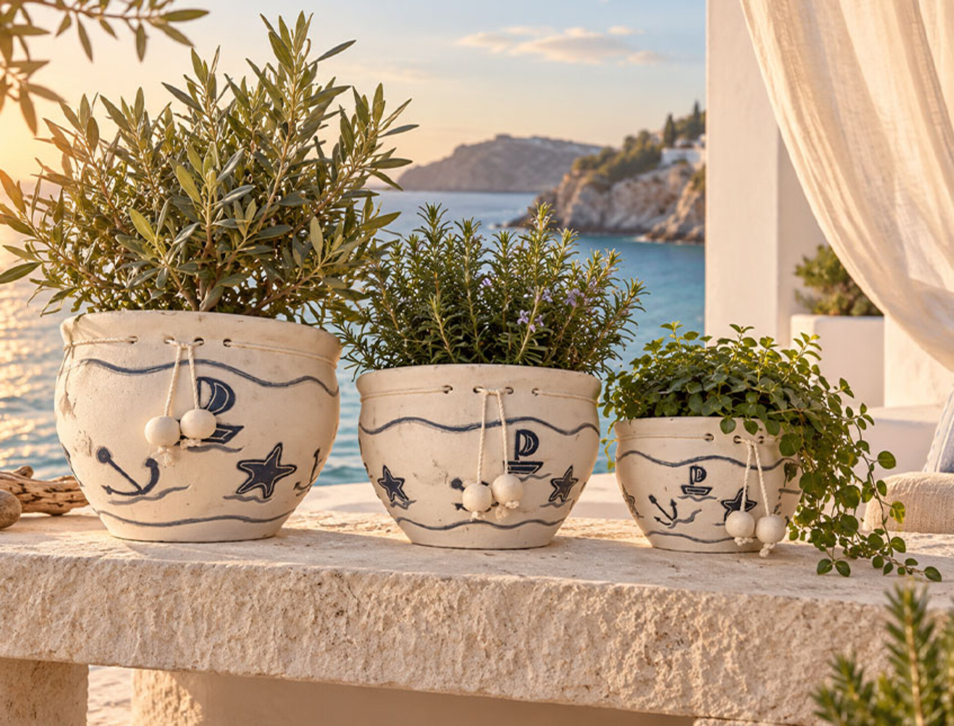 Cachepot x 3 Decoro Mare  - Sconti per Fioristi e Aziende - H 30 dm. 35 con pendenti