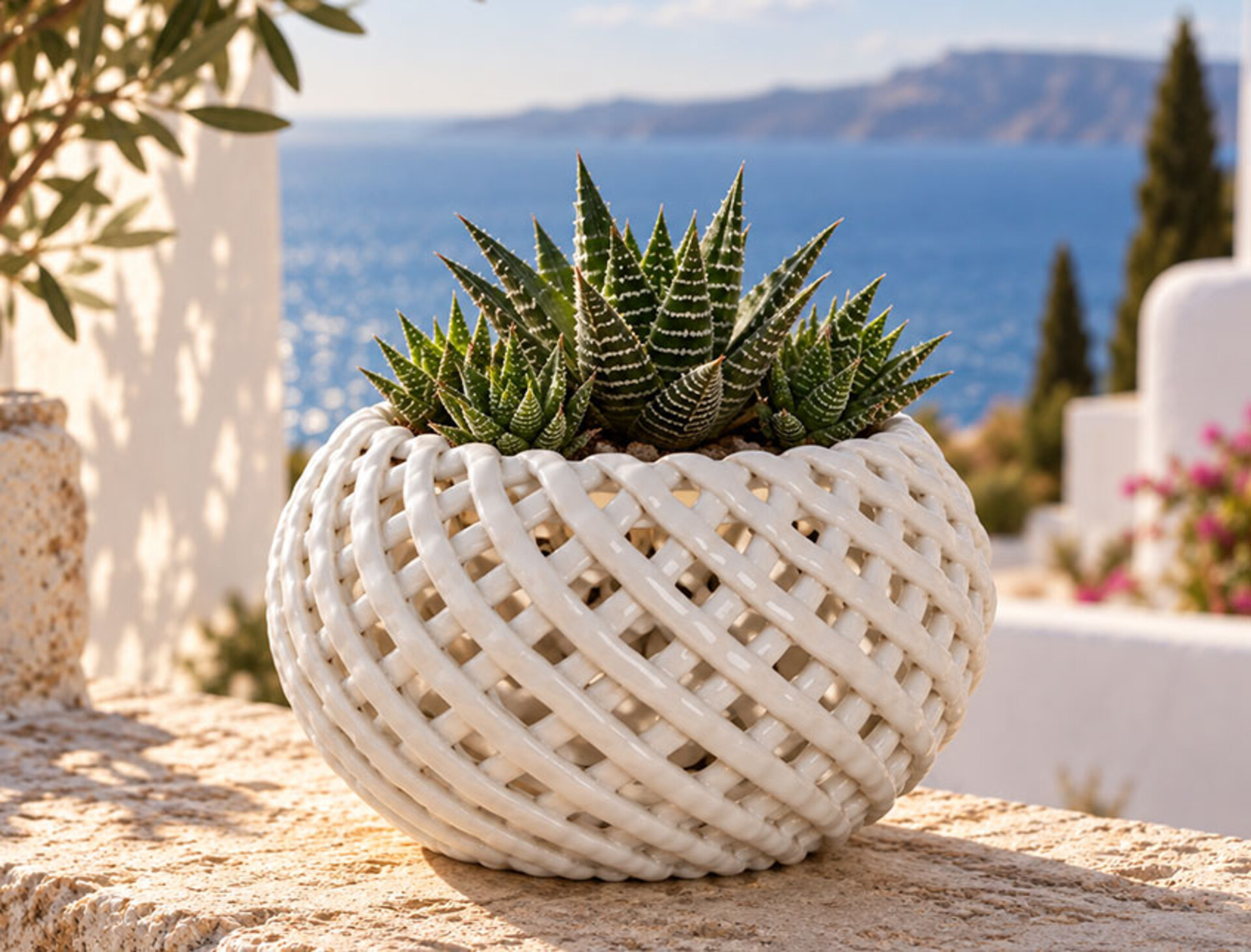 Vaso Intrecciato H 12,5 Ø 16 - Sconti per Fioristi e Aziende - in Ceramica Bianca