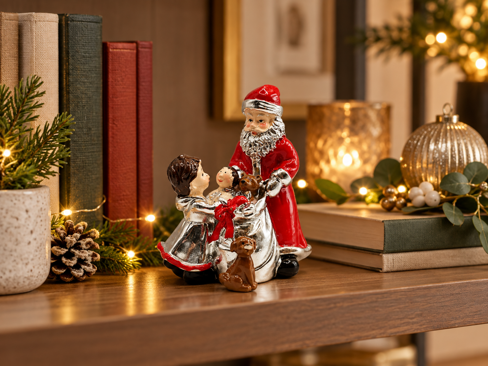 Babbo Natale H 10  con sacco - Sconti per Fioristi e Aziende - in Argento Laccato Rosso