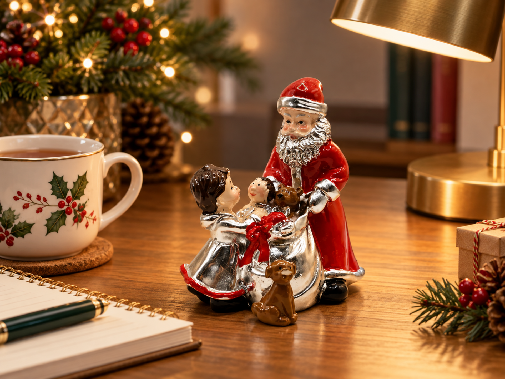 Babbo Natale H 10  con sacco - Sconti per Fioristi e Aziende - in Argento Laccato Rosso