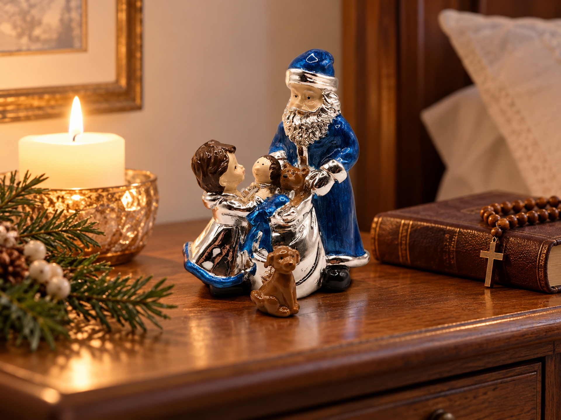 Babbo Natale H 10 con sacco - Sconti per Fioristi e Aziende - in Argento Laccato Blu