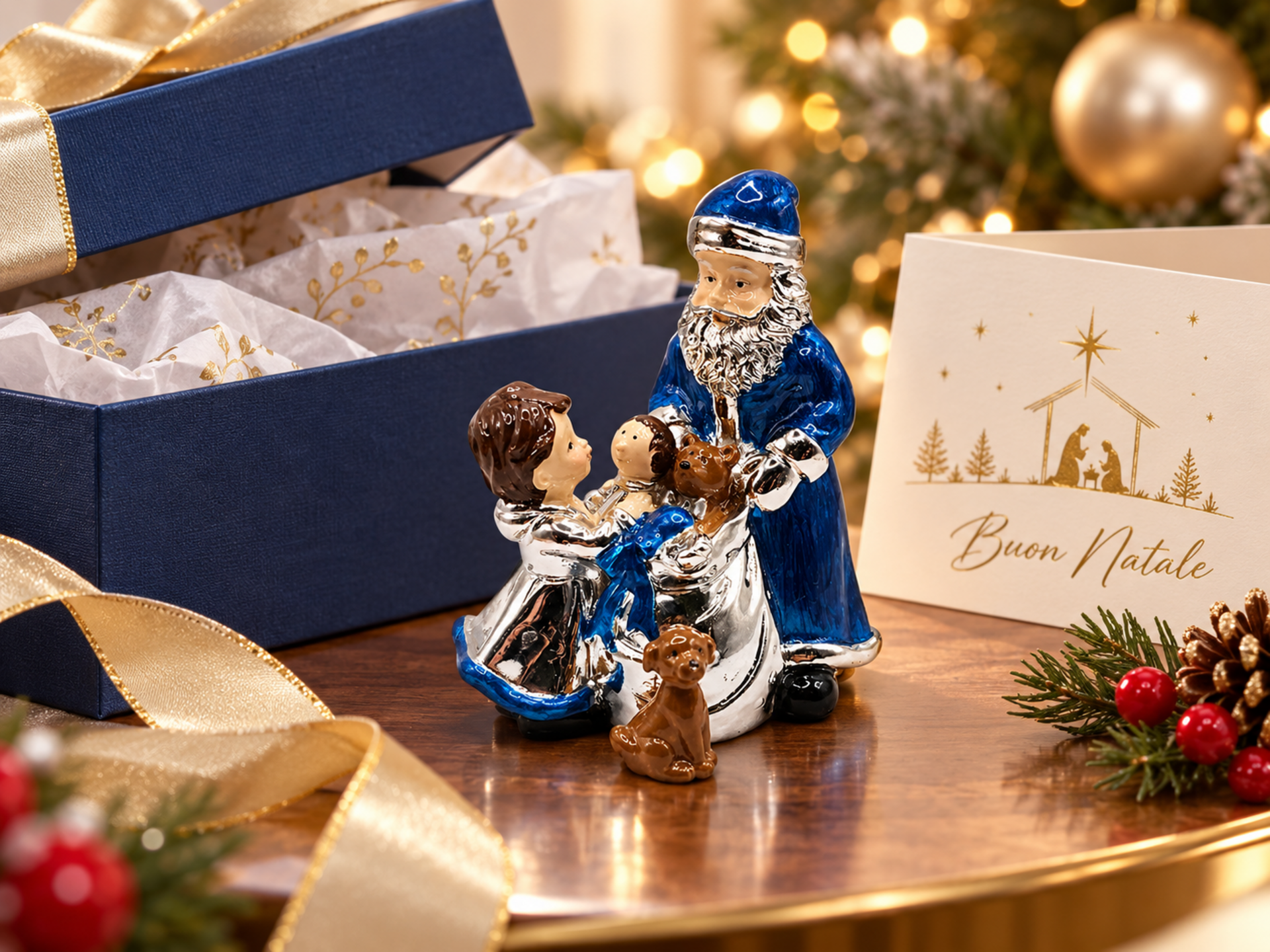 Babbo Natale H 10 con sacco - Sconti per Fioristi e Aziende - in Argento Laccato Blu