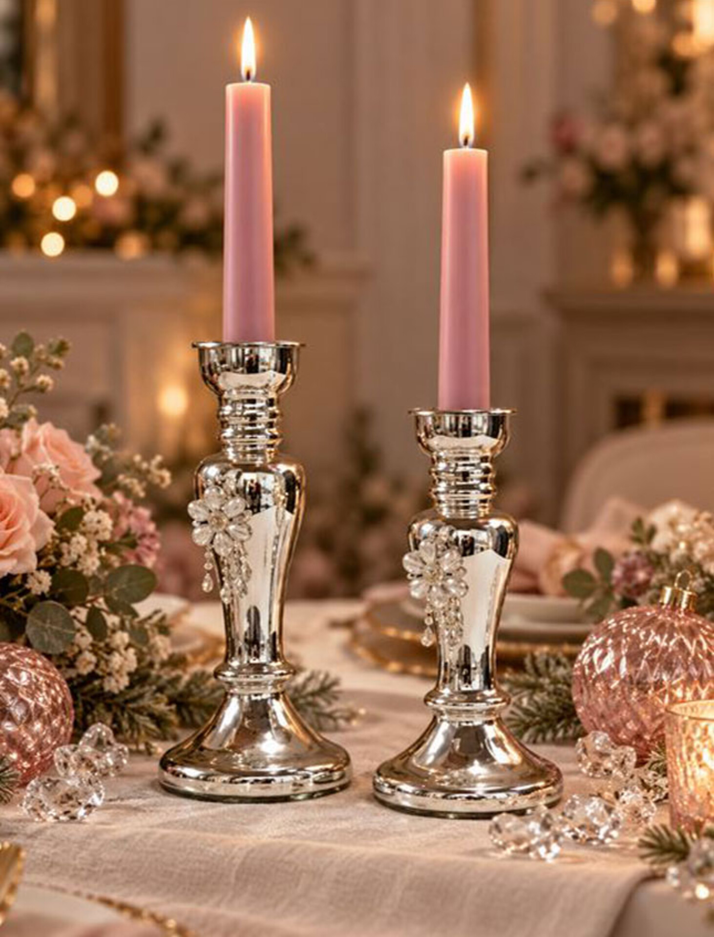 Candelabro in vetro argentato  - Sconti per Fioristi e Aziende . - Con perle H 21 E H 26