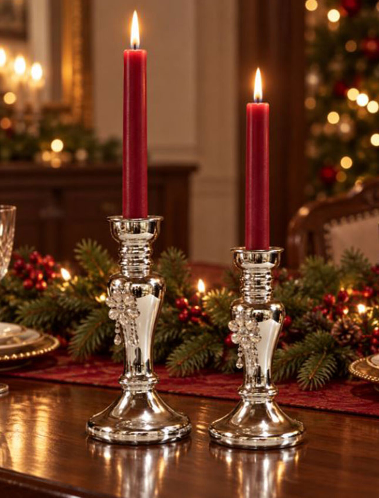 Candelabro in vetro argentato  - Sconti per Fioristi e Aziende . - Con perle H 21 E H 26