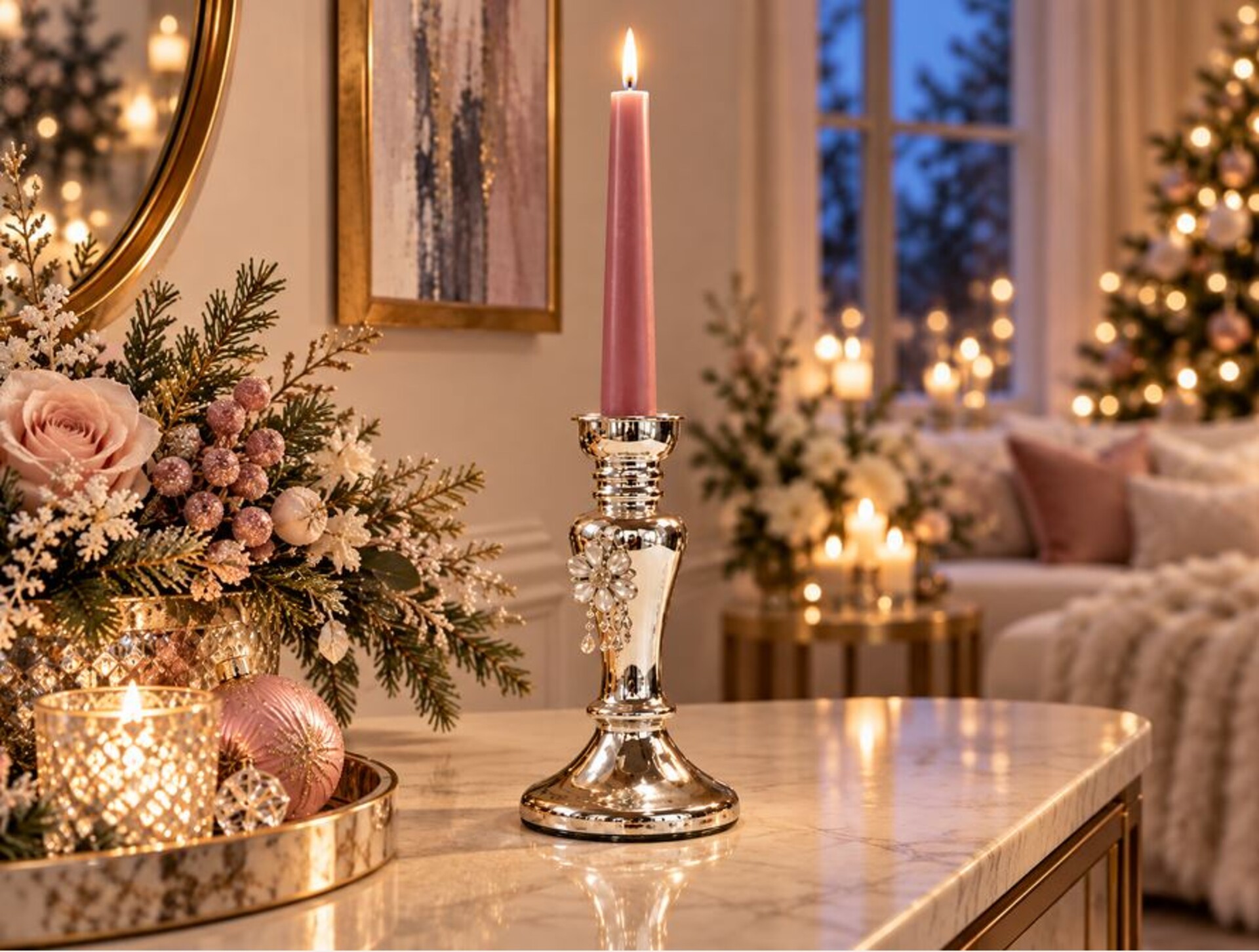 Candelabro in vetro argentato  - Sconti per Fioristi e Aziende . - Con perle H 21 E H 26