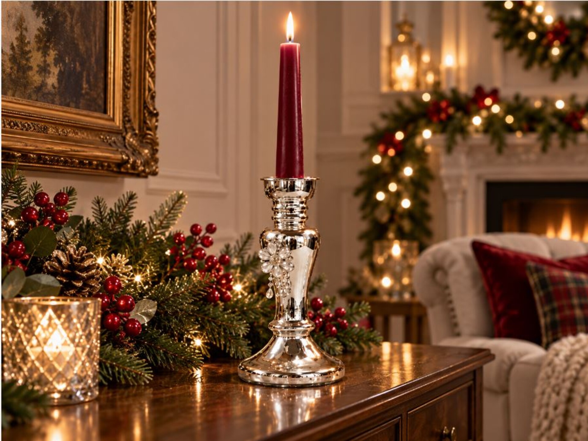 Candelabro in vetro argentato  - Sconti per Fioristi e Aziende . - Con perle H 21 E H 26