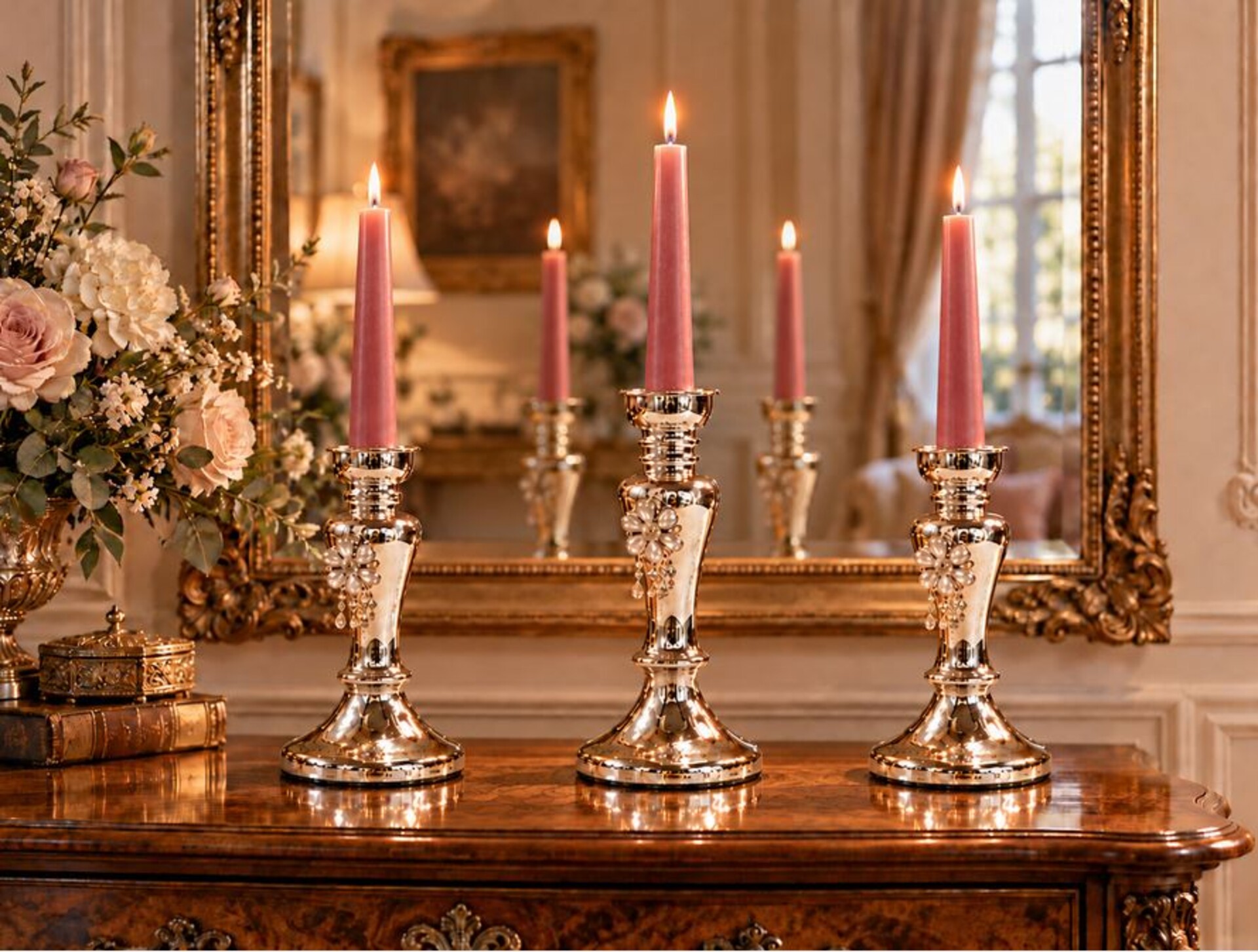 Candelabro in vetro argentato  - Sconti per Fioristi e Aziende . - Con perle H 21 E H 26