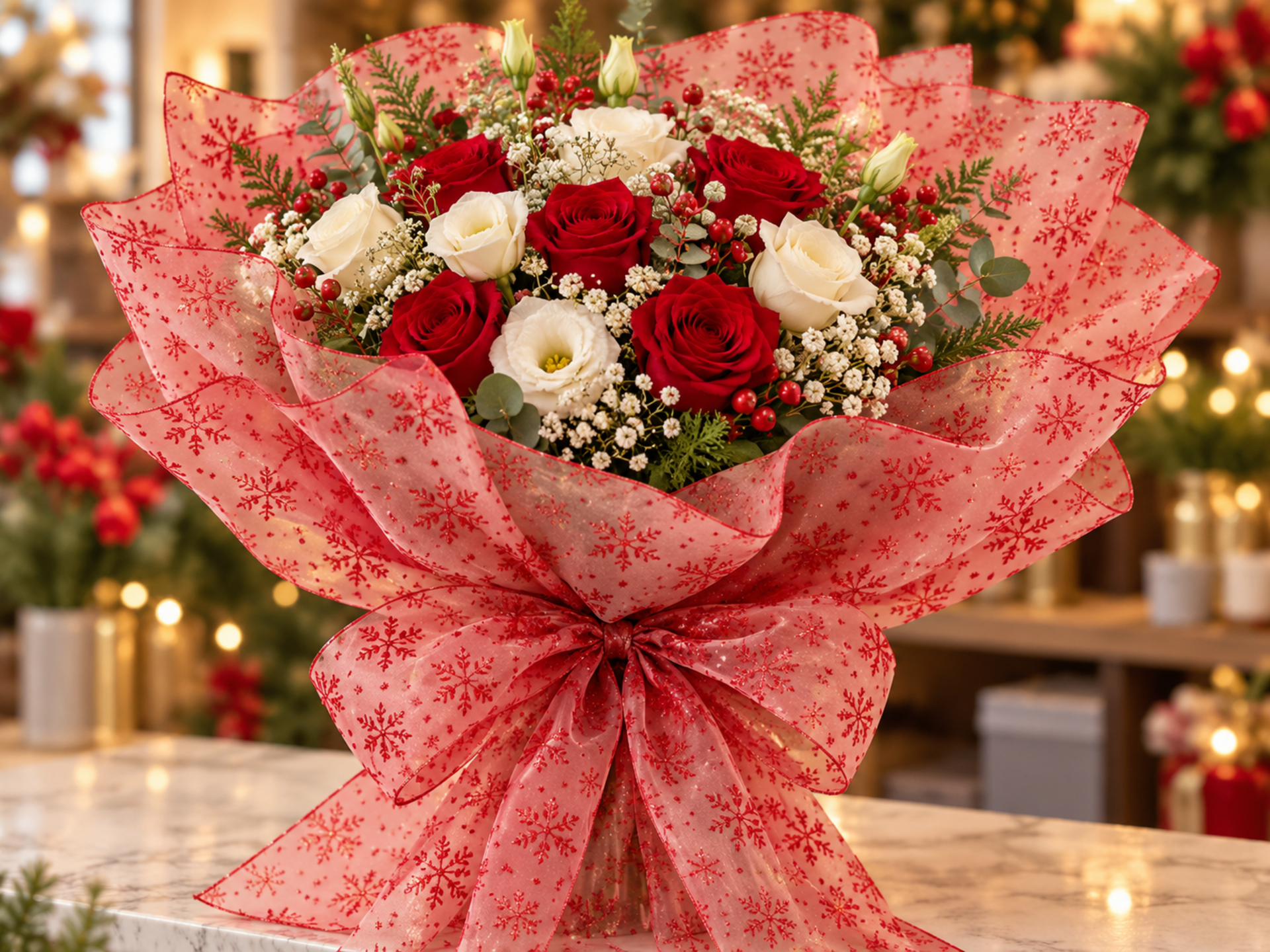 Organza Rossa Fiocchi Neve  - Sconti per Fioristi e Aziende - Rotoli H 48 x 3 Mt.