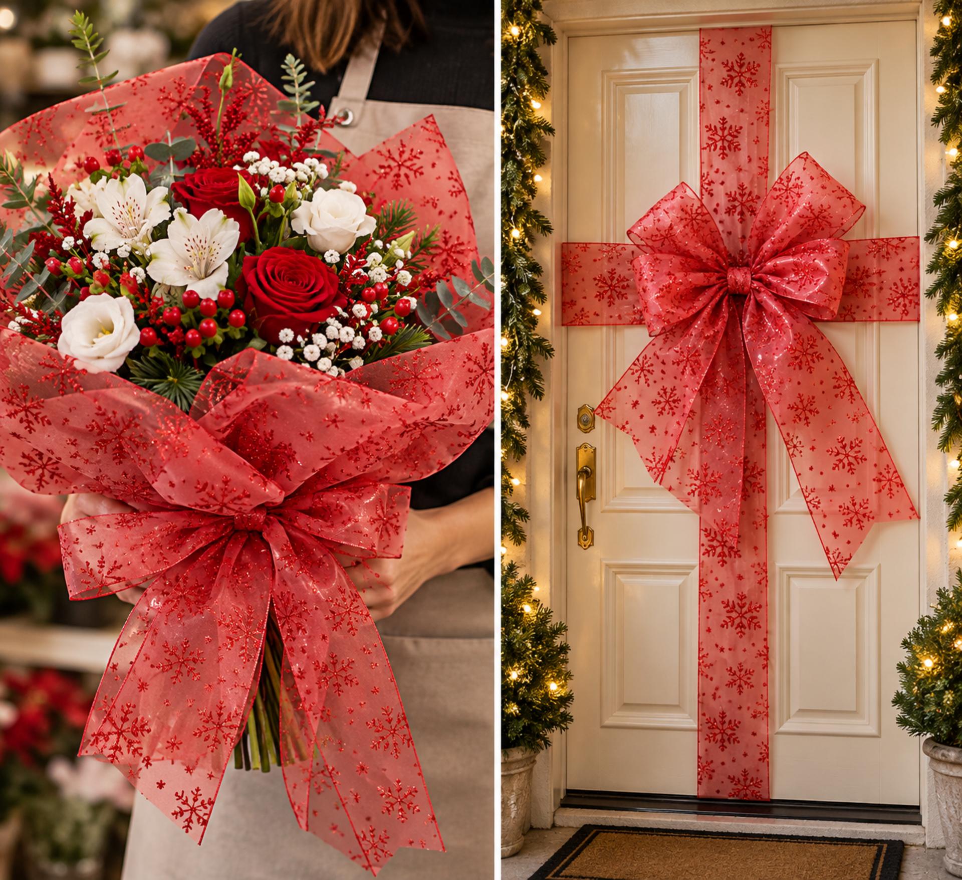 Organza Rossa Fiocchi Neve  - Sconti per Fioristi e Aziende - Rotoli H 48 x 3 Mt.