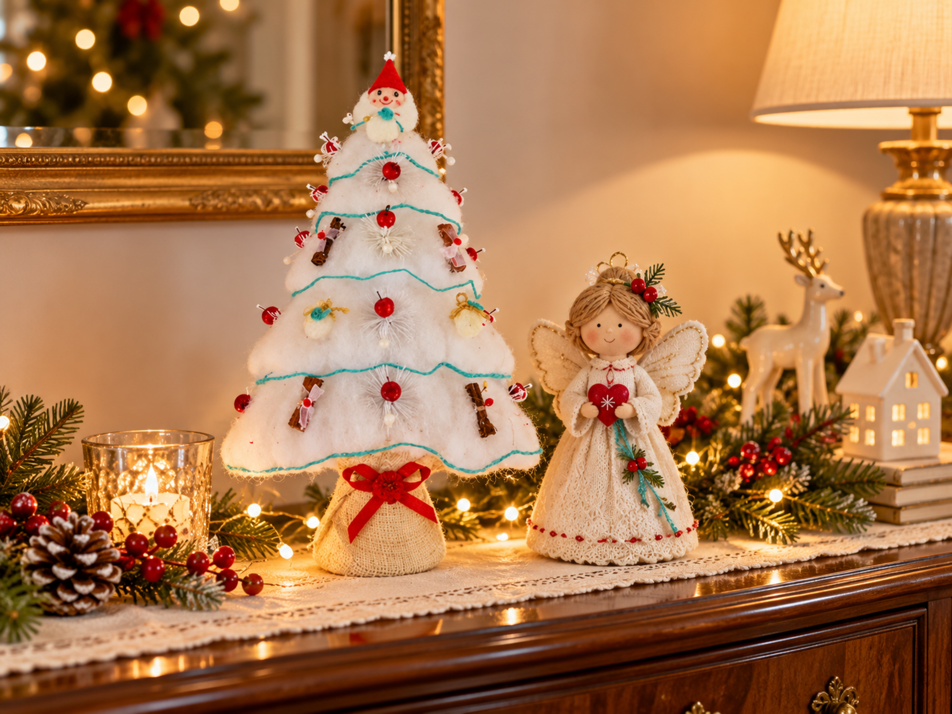 Albero di Natale H 42 cm.  - Sconti per Fioristi e Aziende - in Ovatta Decoro Marzapane