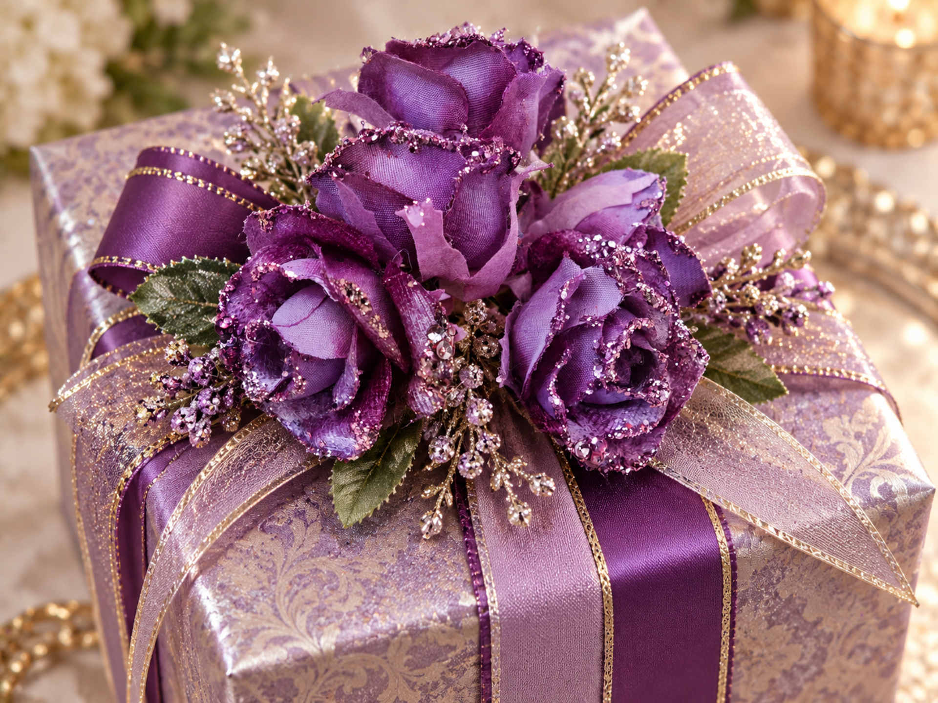 Roselline Viola Glitterate  - Sconti per Fioristi e Aziende - Bush. x 6 pezzi