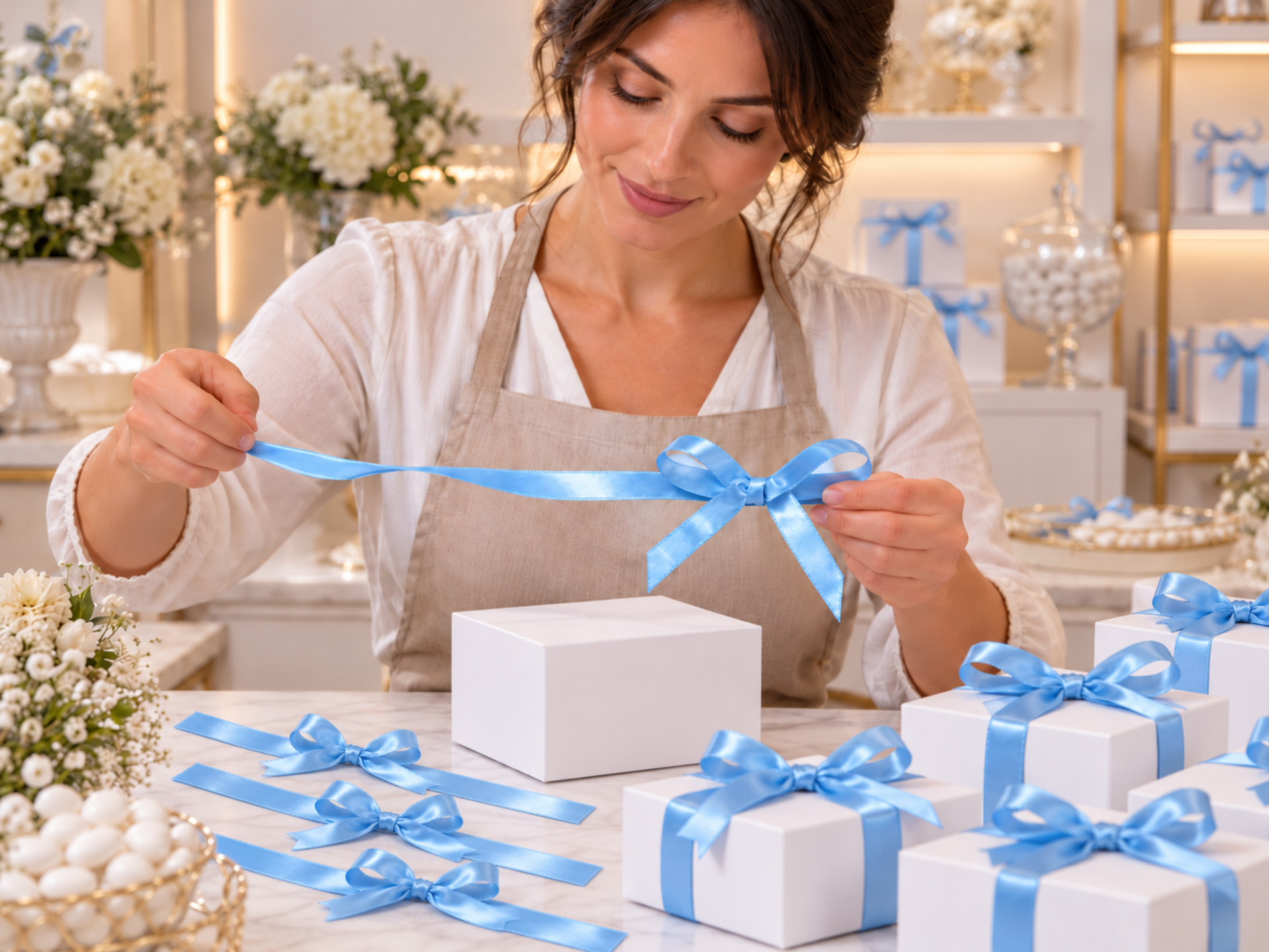 Nastro con fiocco e Biadesivo - Sconti per Fioristi e Aziende - Box 50 fiocchi H 9 in raso