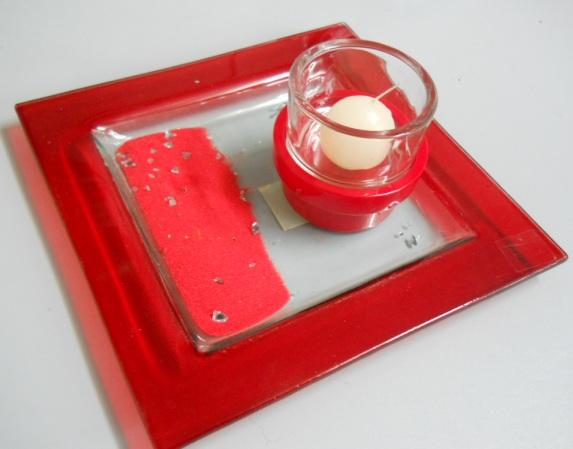 Porta Candela con vetro H 7 - Sconti per Fioristi e Aziende - Base in legno rosso